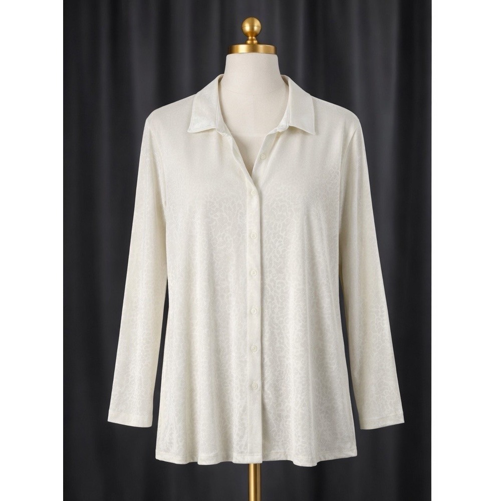 Lands End Velour Velvet Button Up Top Size Large (14-16) Cream Cheeta Print